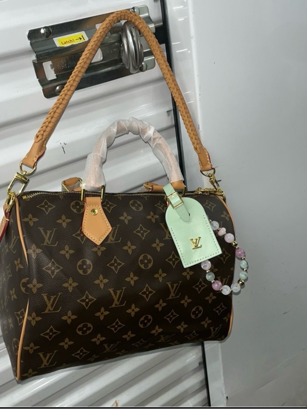 Source Unknown  Brown Monogram Satchel with Mint Luggage Tag and Beaded Charm